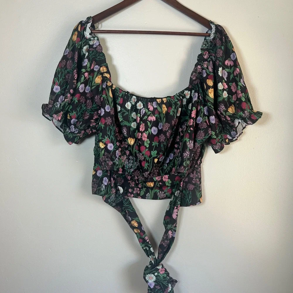 CIDER Black Floral Print Off Shoulder Puff Sleeve Tie Front Crop Top 3XL‎